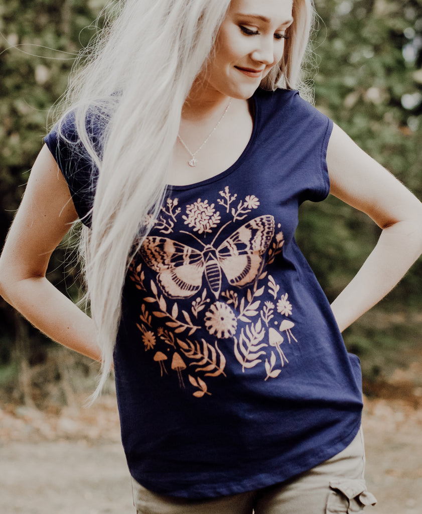 brand-new, limited edition Organic Cotton Gold Rose Moth tees are here!