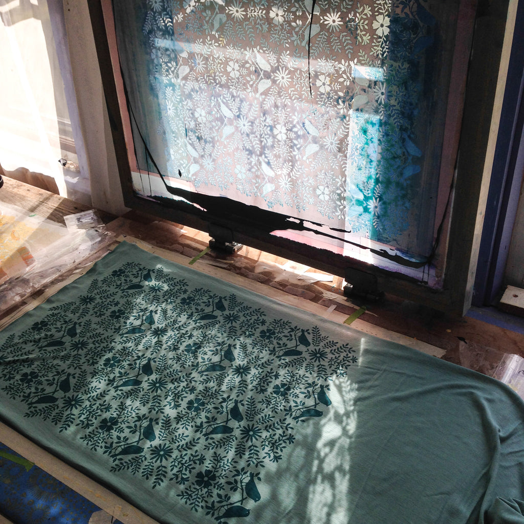 silkscreen table, hand-printed scarf with teal birdwatching pattern, handmade in Maine by Morris and Essex
