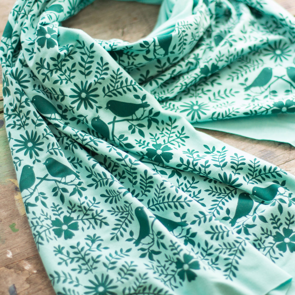 hand-printed scarf with teal birdwatching pattern, handmade in Maine by Morris and Essex