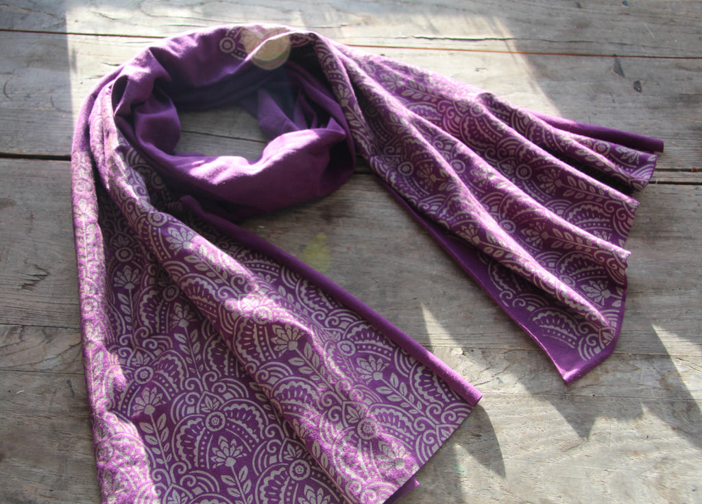 hand-printed purple scarf with gold art deco floral pattern, handmade in Maine by Morris and Essex