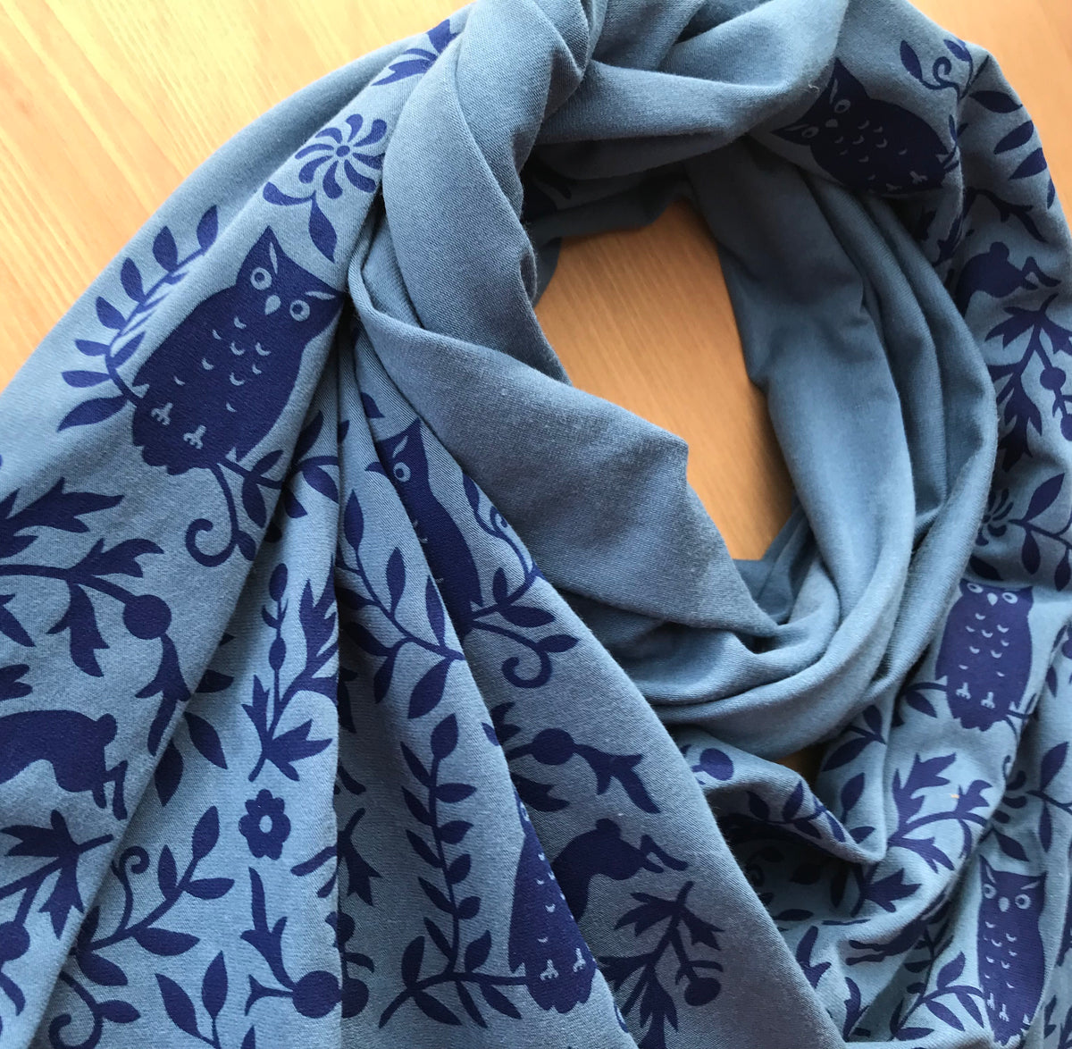 Hand-Printed Scarf - Teal Blue Owl Pattern Handmade Scarf - Eco