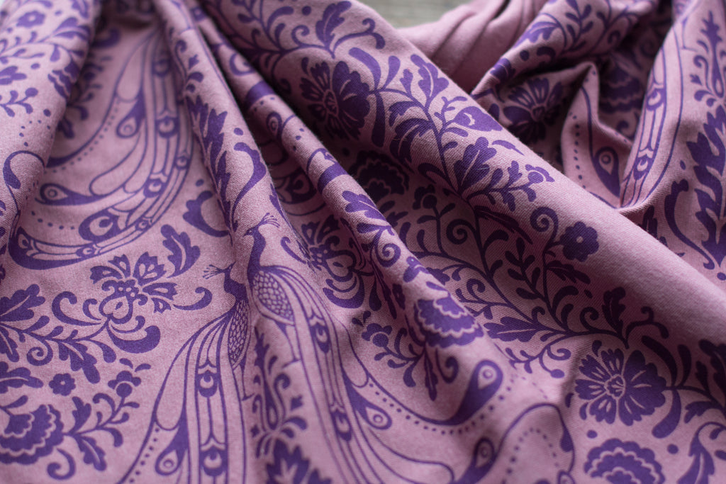 hand-printed scarf with art nouveau peacock pattern, handmade in Maine by Morris and Essex