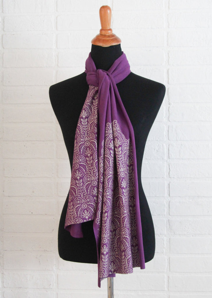 hand-printed purple scarf with gold art deco floral pattern, handmade in Maine by Morris and Essex