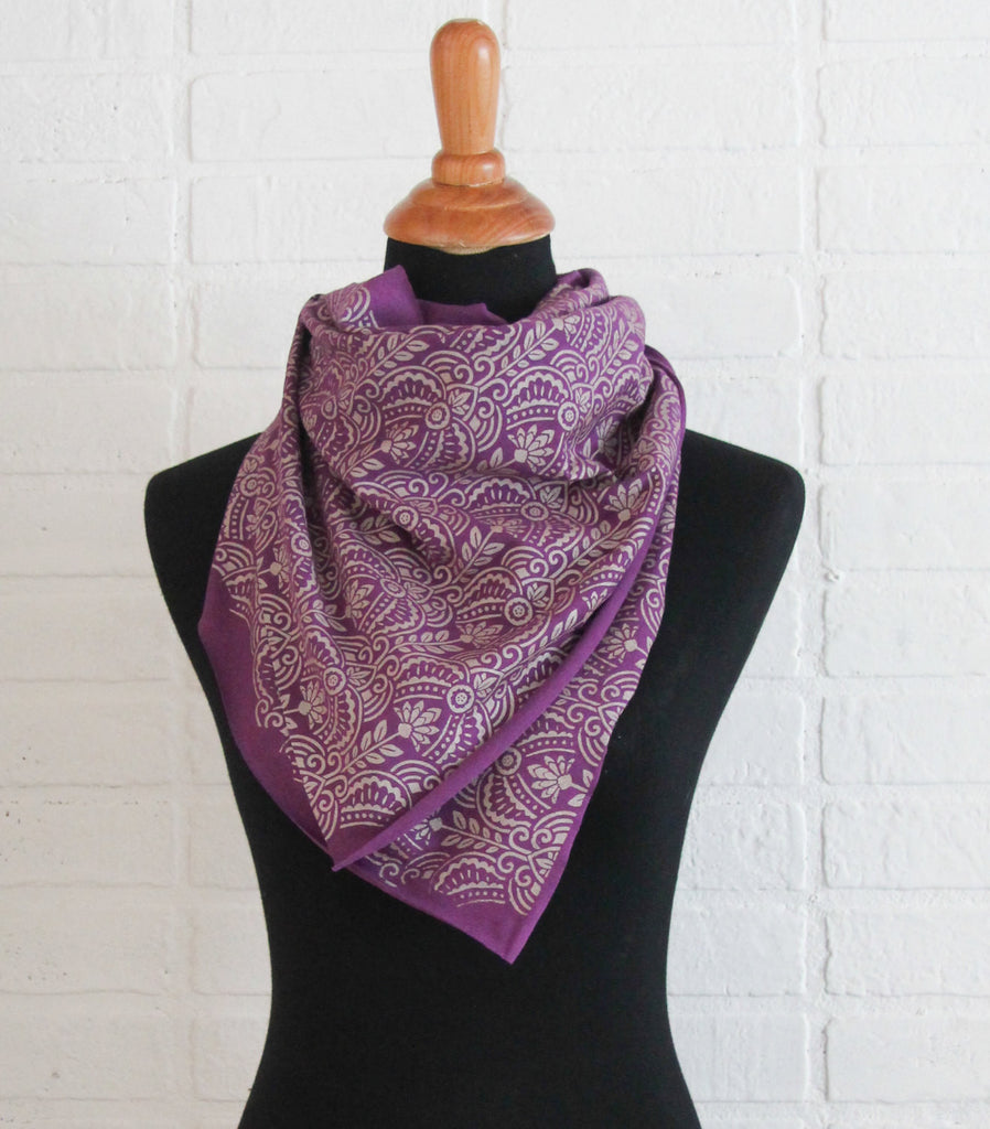 hand-printed purple scarf with gold art deco floral pattern, handmade in Maine by Morris and Essex