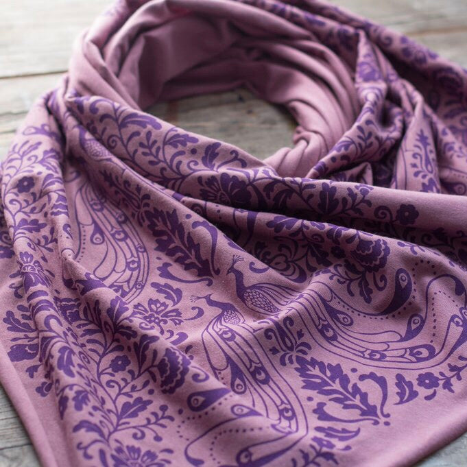 hand-printed scarf with art nouveau peacock pattern, handmade in Maine by Morris and Essex