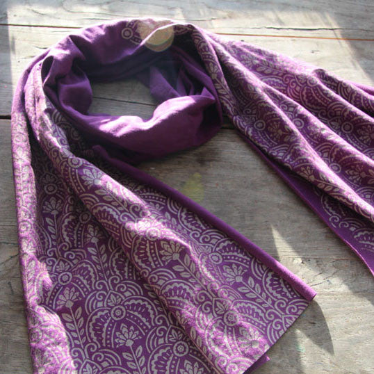 hand-printed purple scarf with gold art deco floral pattern, handmade in Maine by Morris and Essex